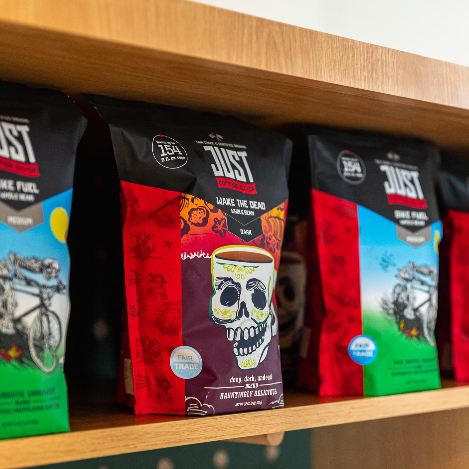 Just Coffee Co-op bags on the shelf at Comfort Fuel
