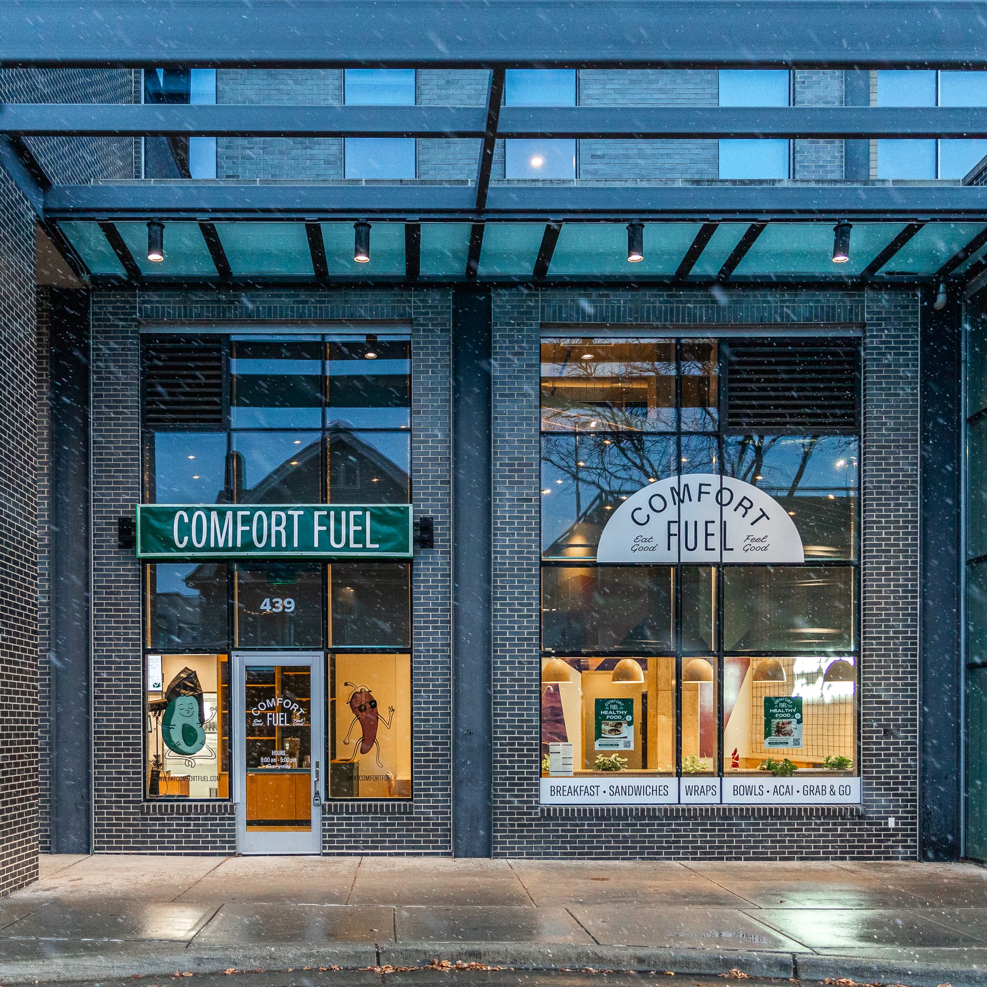 Comfort Fuel storefront in the snow — 439 N Frances Street, Madison, WI